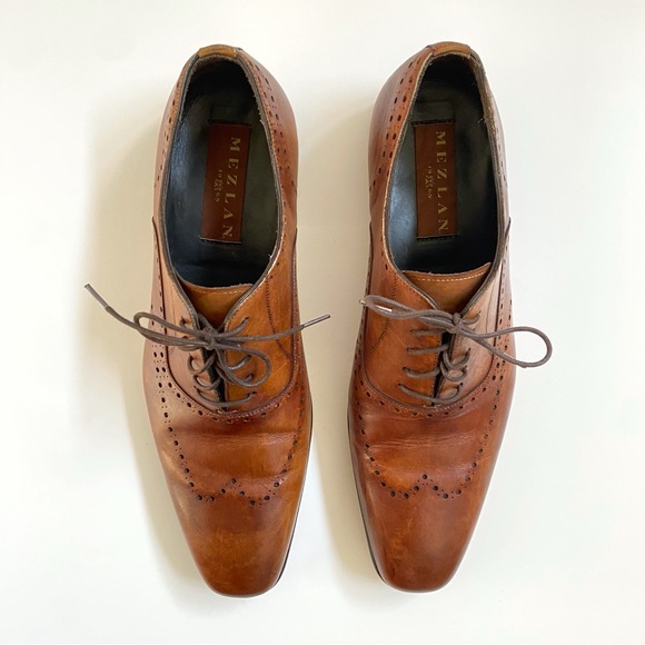 MEZLAN brown tan Antique Italian leather lace wingtip Oxford dress shoes - Picture 2 of 9
